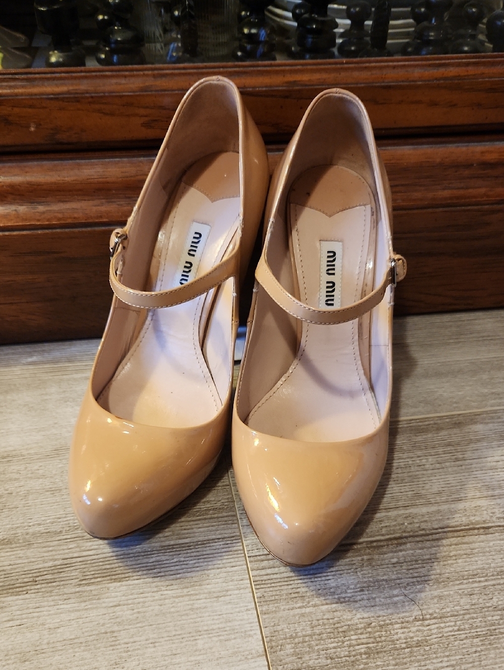 Miu Miu Nude Patent Leather Mary Jane Pumps